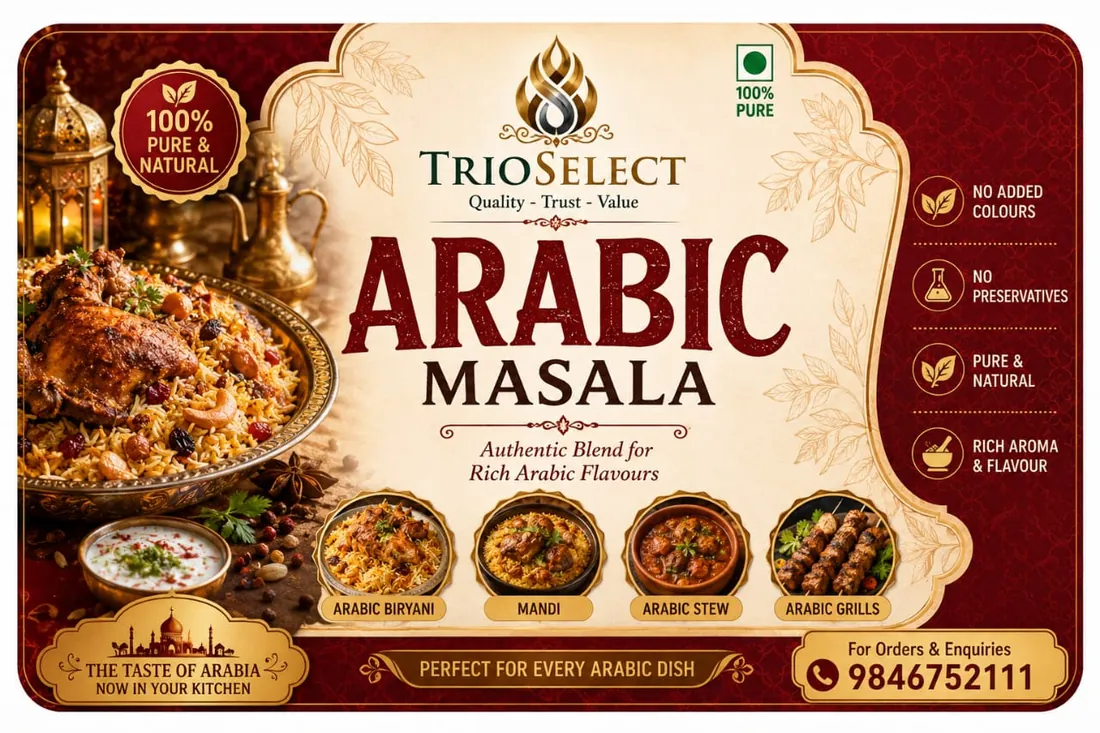 TrioSelect Arabic Masala label showing Arabic biryani, mandi, stew and grills