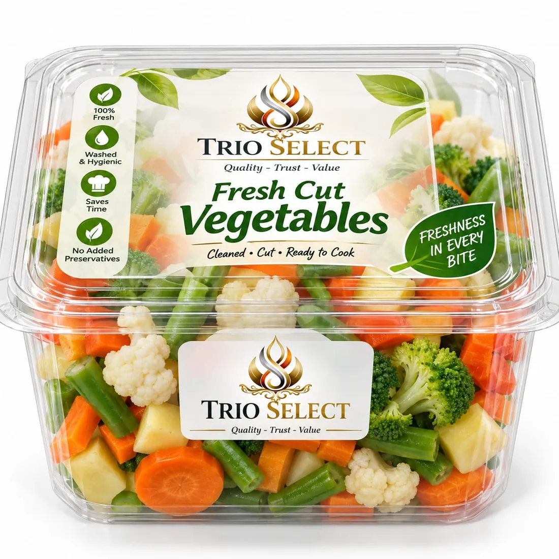 TrioSelect fresh cut vegetables in a clear tub