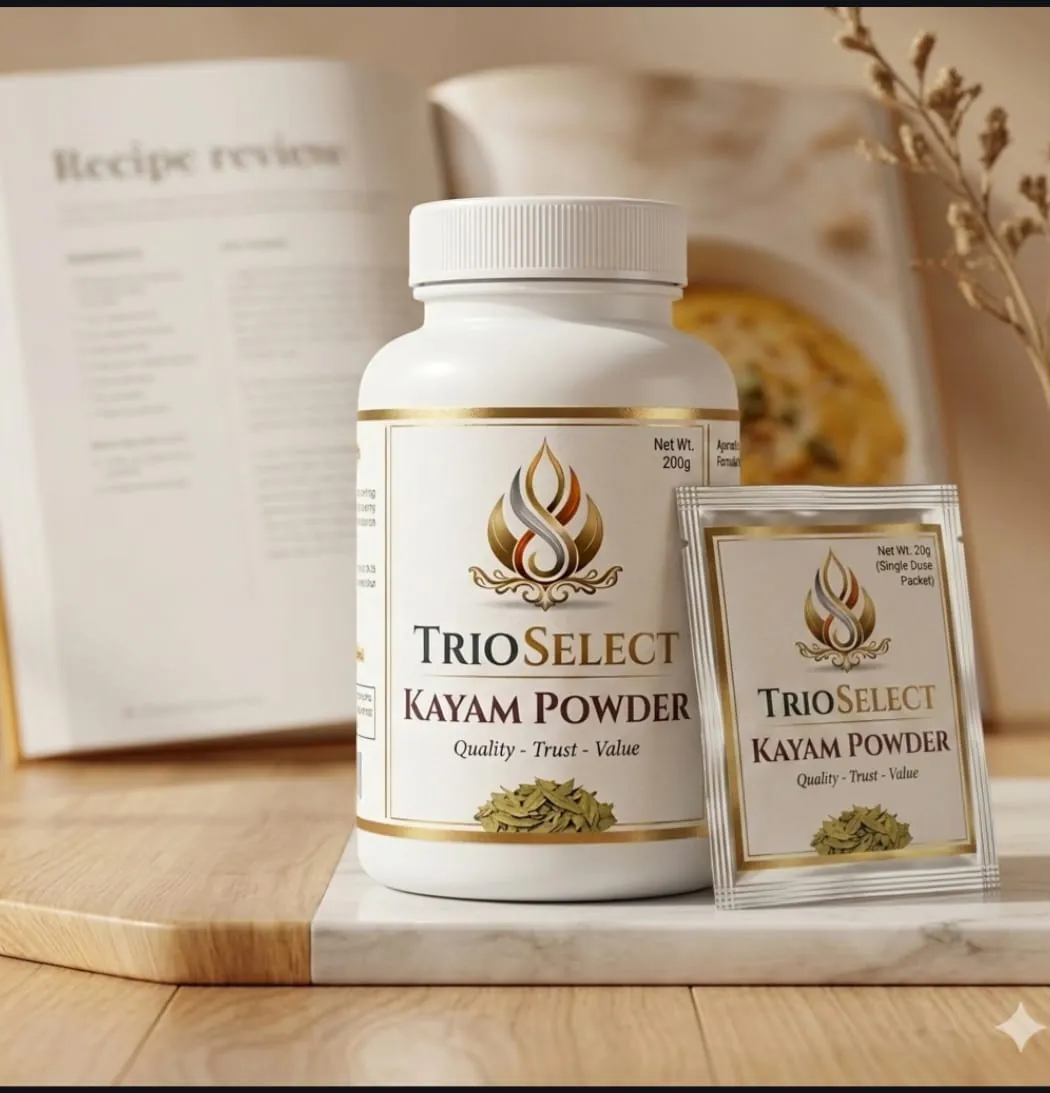 TrioSelect kayam powder bottle and sachet